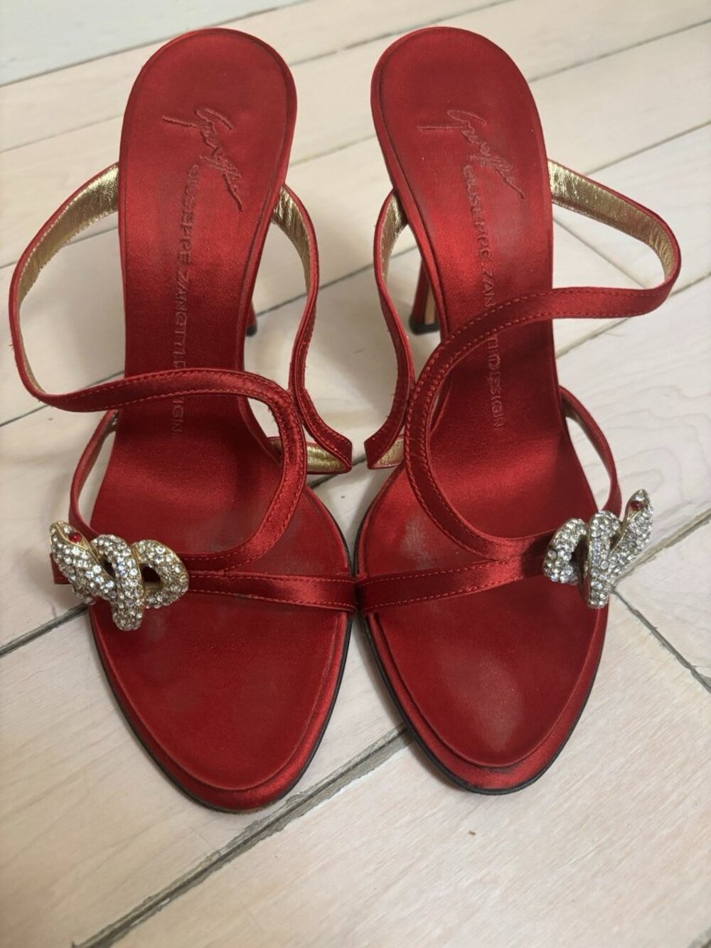 Giuseppe Zanotti Red Satin Strappy Stiletto Beaded Open Toe Heels